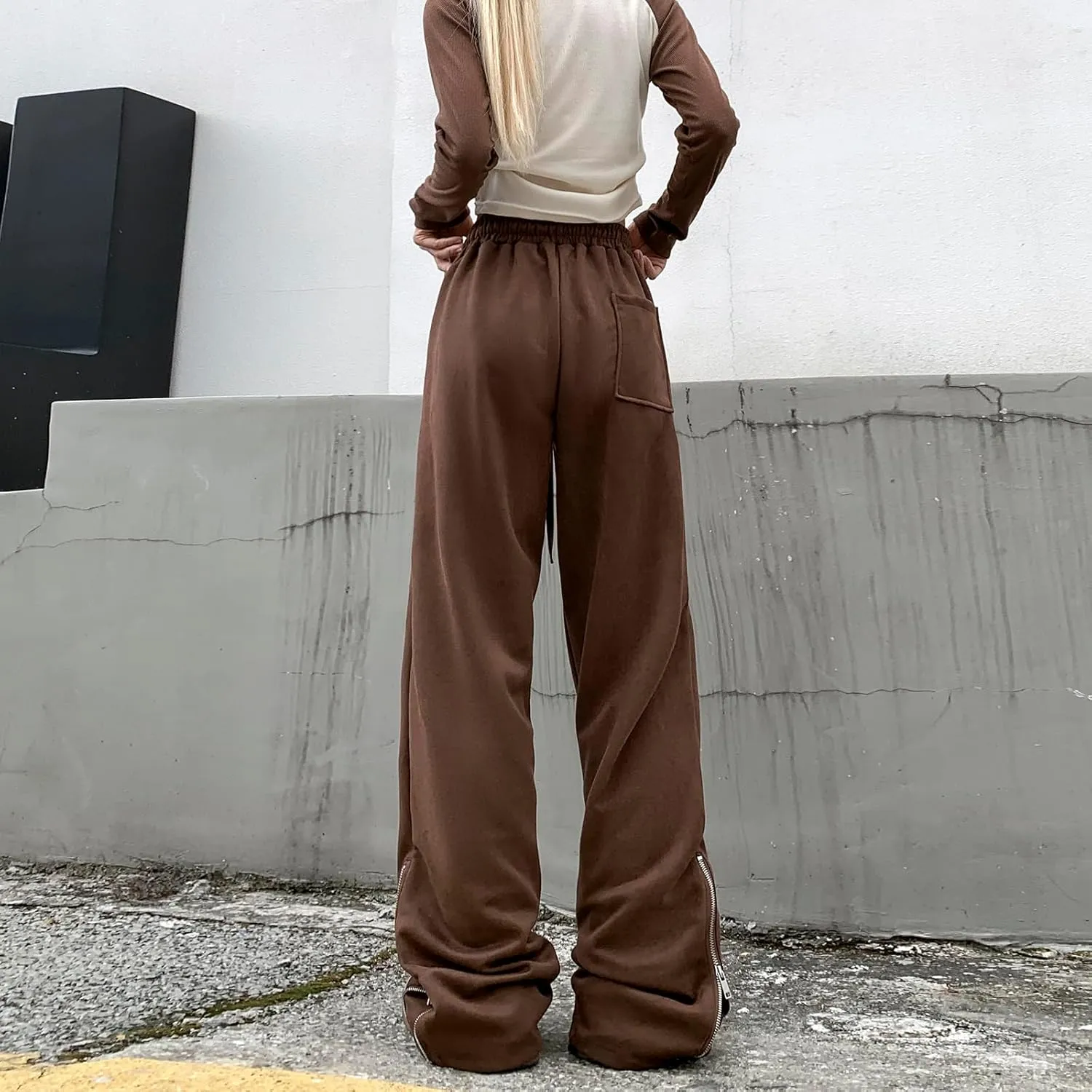 Suede Harajuku Pants for Women High Waist Sweatpants Streetwear Joggers Hip Hop Dance Flare Pant with Pockets