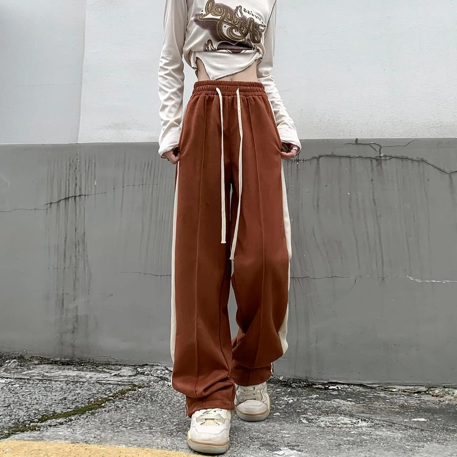Suede Harajuku Pants for Women High Waist Sweatpants Streetwear Joggers Hip Hop Dance Flare Pant with Pockets