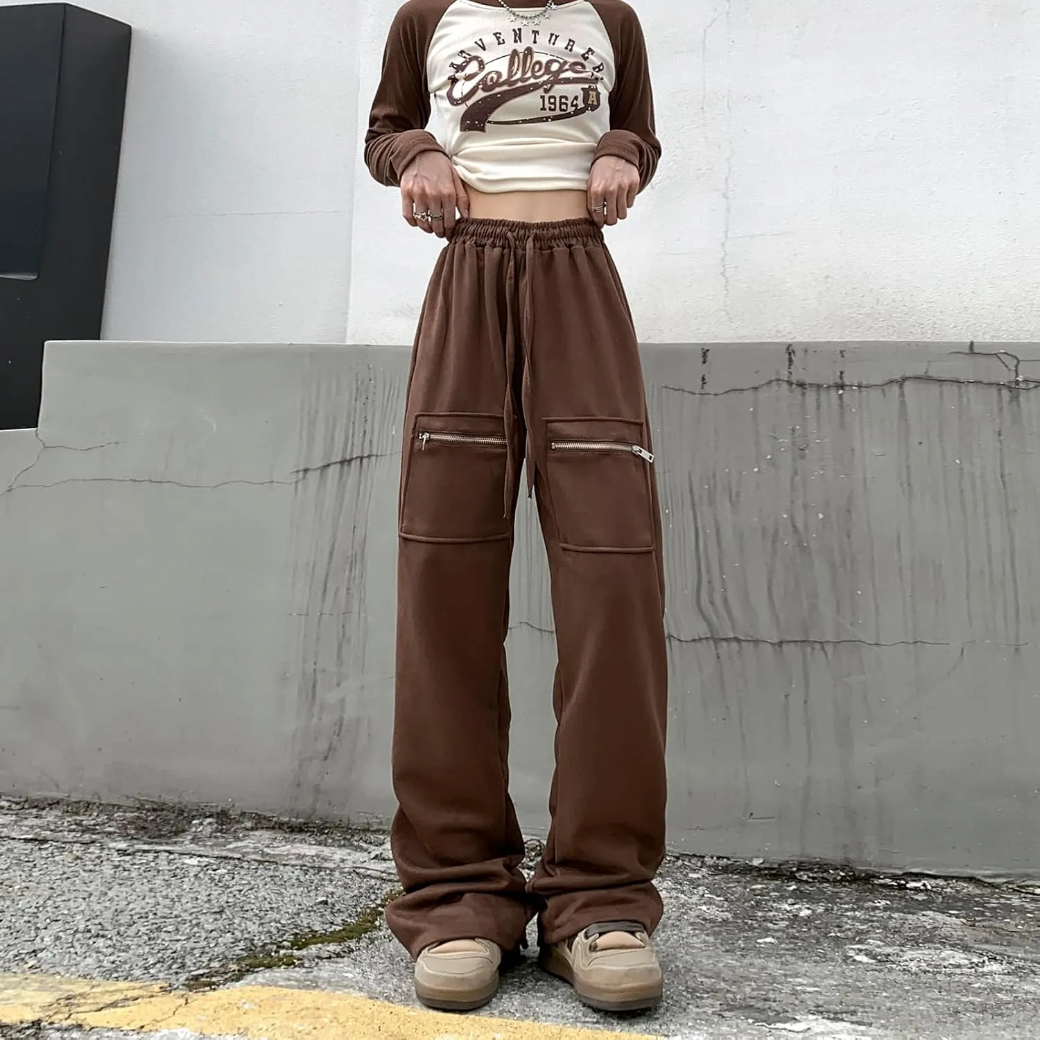 Suede Harajuku Pants for Women High Waist Sweatpants Streetwear Joggers Hip Hop Dance Flare Pant with Pockets