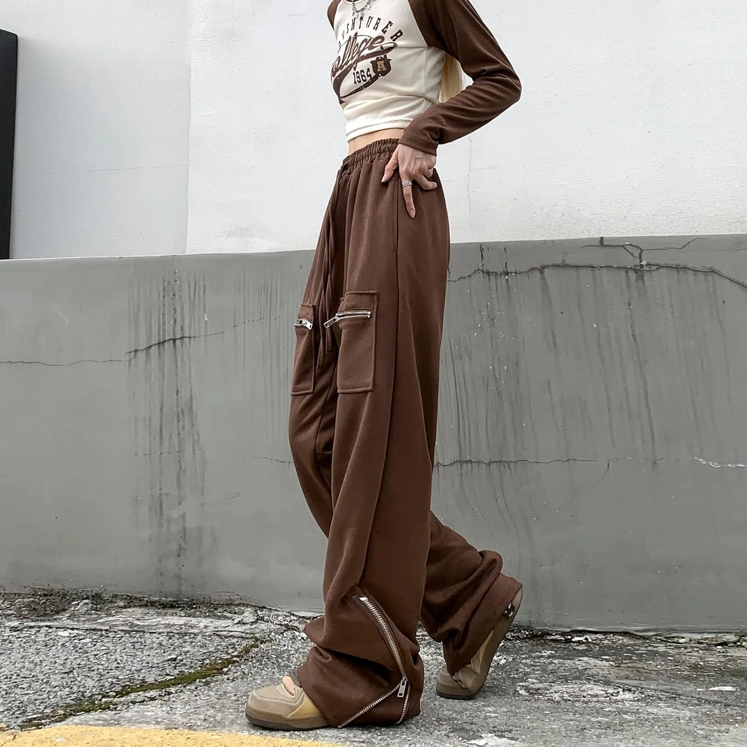 Suede Harajuku Pants for Women High Waist Sweatpants Streetwear Joggers Hip Hop Dance Flare Pant with Pockets