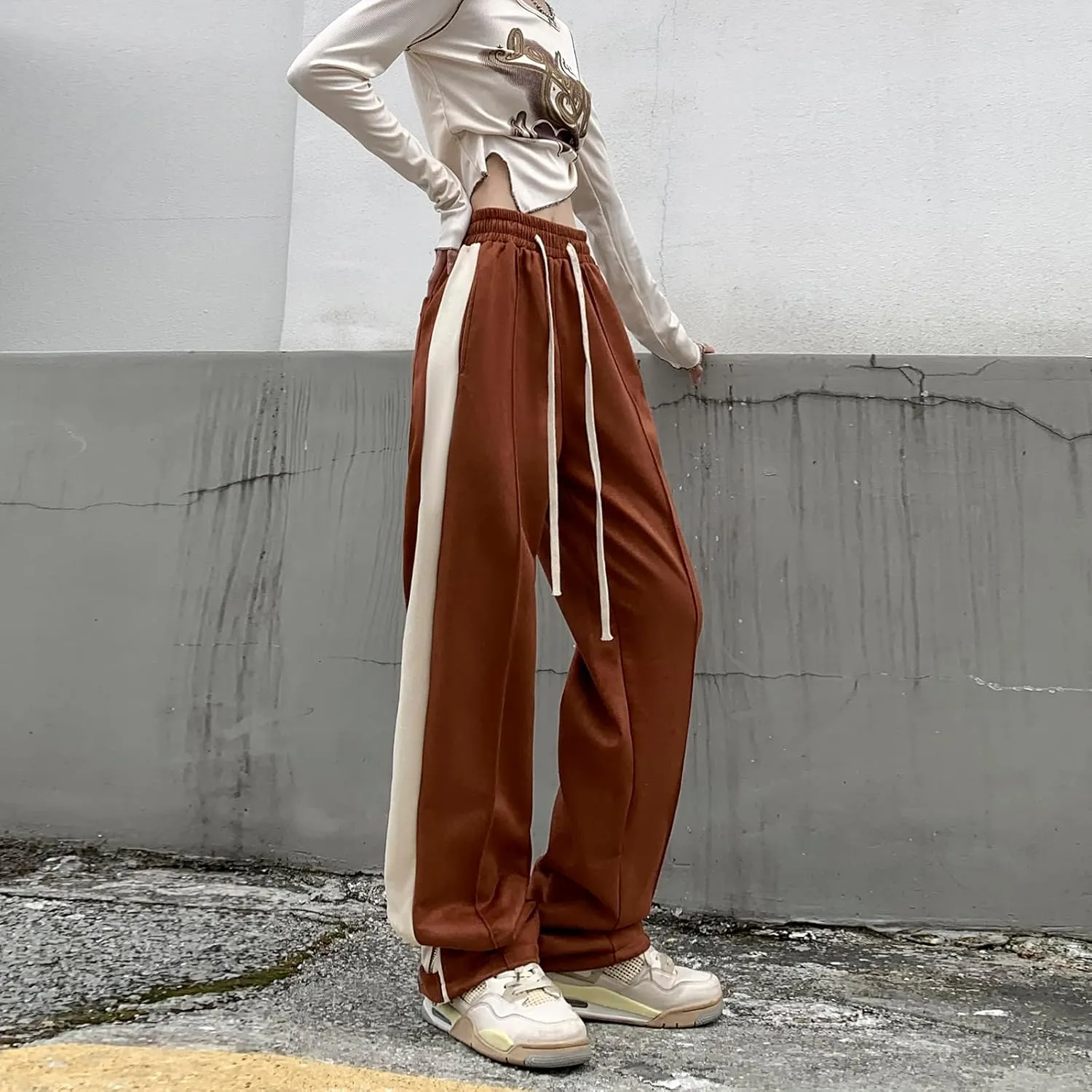 Suede Harajuku Pants for Women High Waist Sweatpants Streetwear Joggers Hip Hop Dance Flare Pant with Pockets