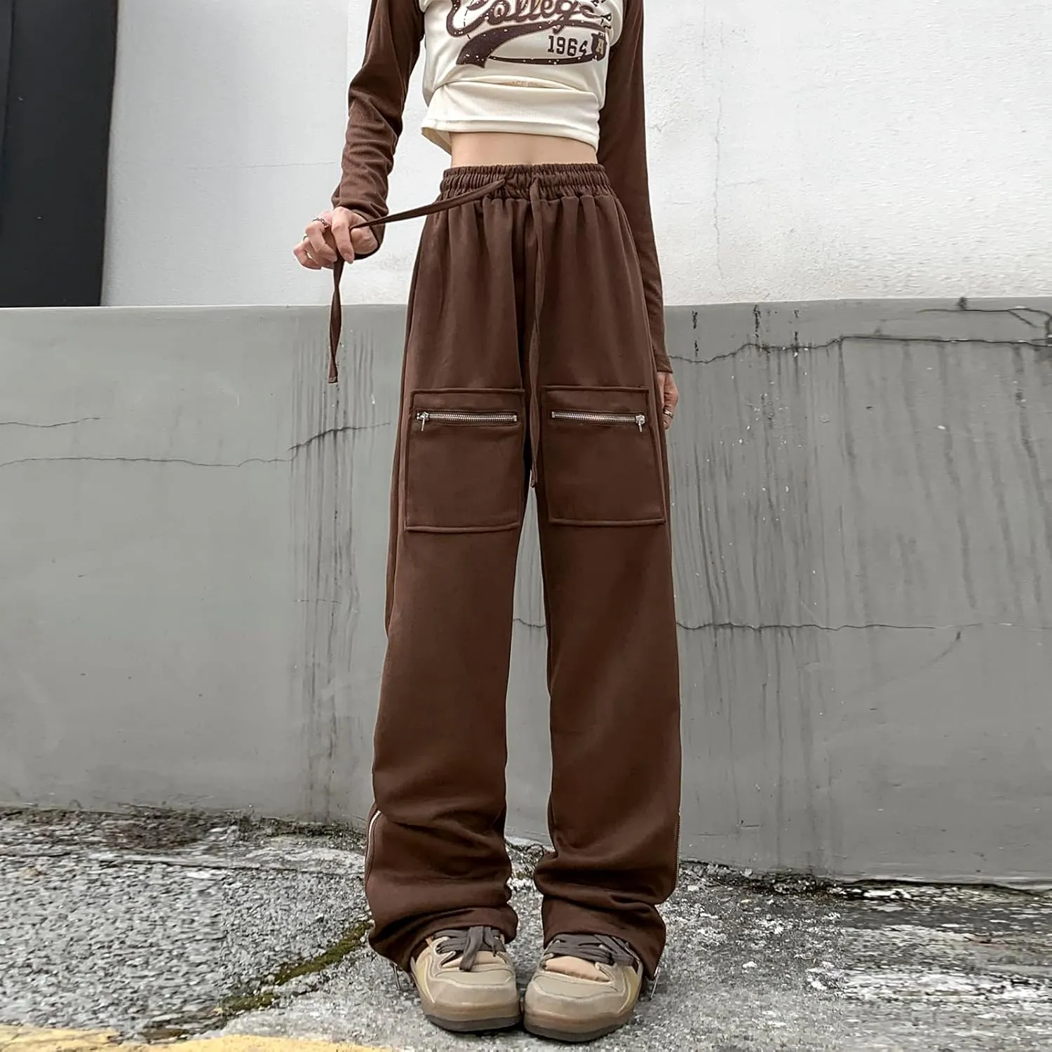 Suede Harajuku Pants for Women High Waist Sweatpants Streetwear Joggers Hip Hop Dance Flare Pant with Pockets
