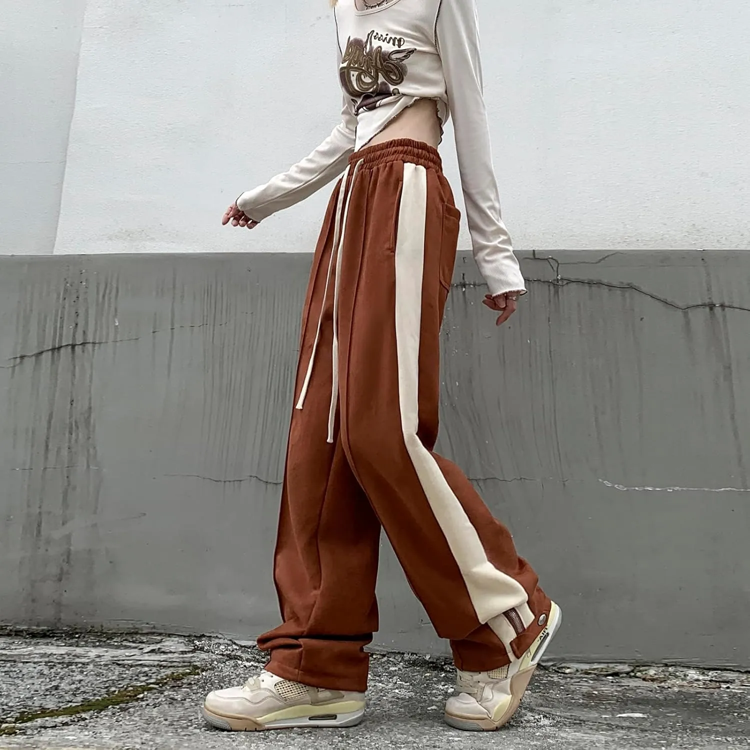Suede Harajuku Pants for Women High Waist Sweatpants Streetwear Joggers Hip Hop Dance Flare Pant with Pockets