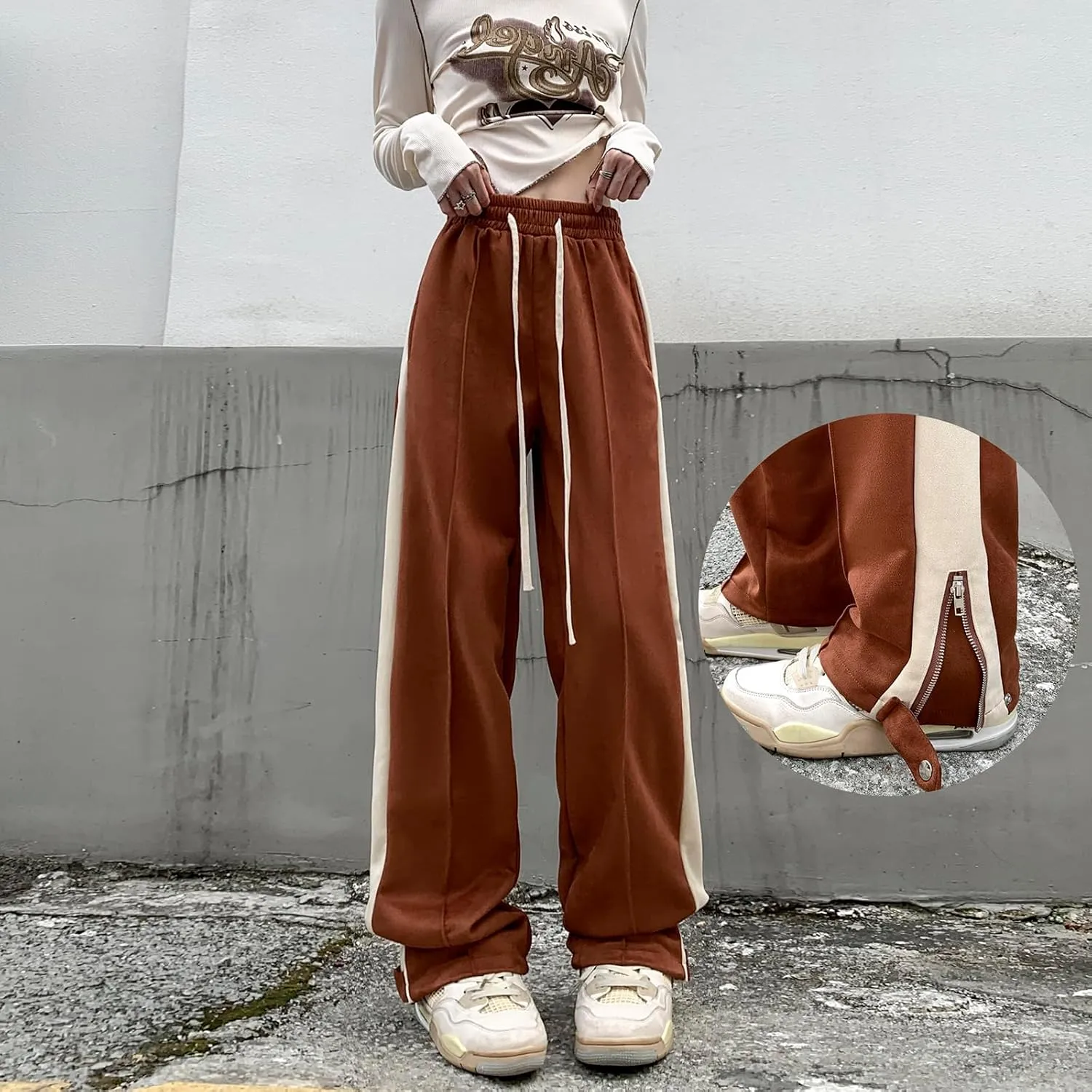 Suede Harajuku Pants for Women High Waist Sweatpants Streetwear Joggers Hip Hop Dance Flare Pant with Pockets