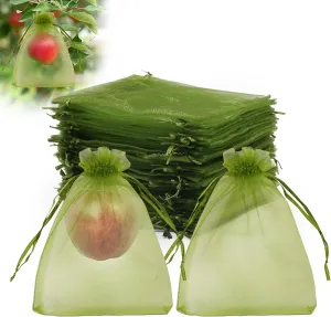 SumDirect 100PCS Fruit Protection Bags - 5x7 Inch Green Garden Mesh Bags with Drawstring, Netting Cover Bags Pest Barrier Fruit Protectors for Apples Tomatoes Mango Peach