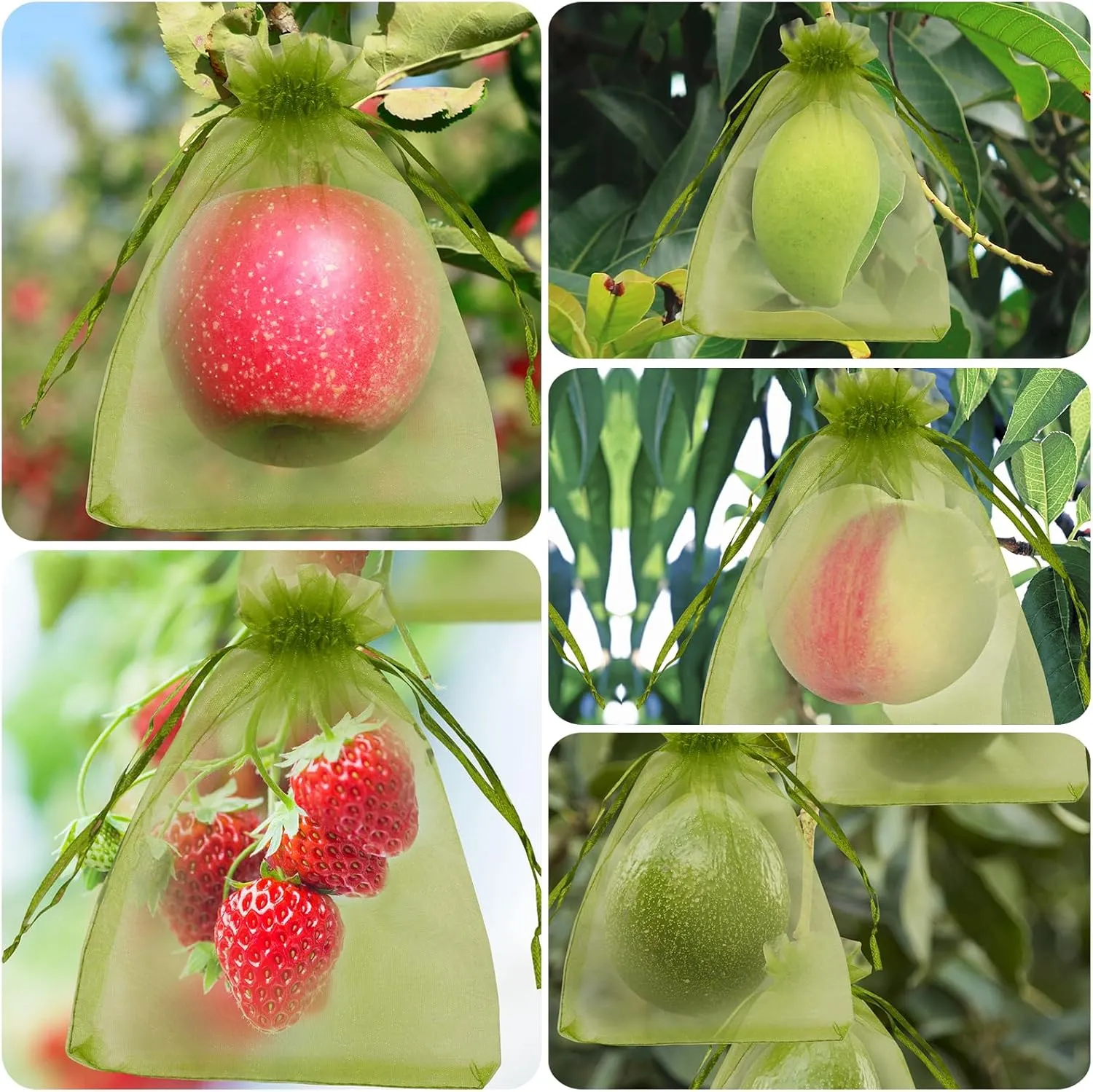 SumDirect 100PCS Fruit Protection Bags - 5x7 Inch Green Garden Mesh Bags with Drawstring, Netting Cover Bags Pest Barrier Fruit Protectors for Apples Tomatoes Mango Peach