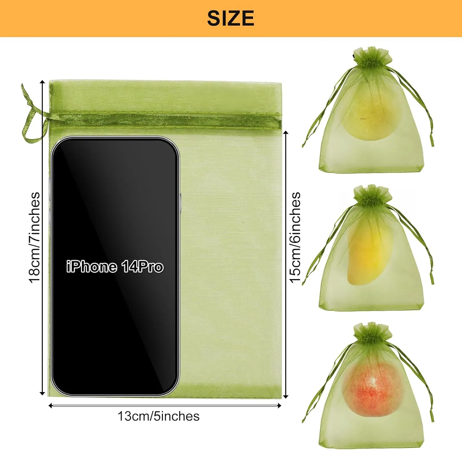 SumDirect 100PCS Fruit Protection Bags - 5x7 Inch Green Garden Mesh Bags with Drawstring, Netting Cover Bags Pest Barrier Fruit Protectors for Apples Tomatoes Mango Peach