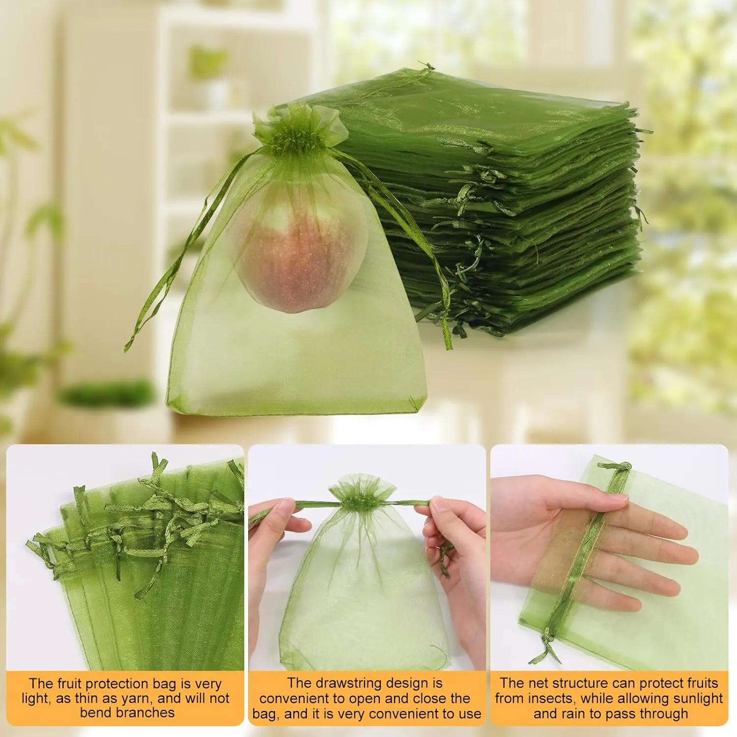 SumDirect 100PCS Fruit Protection Bags - 5x7 Inch Green Garden Mesh Bags with Drawstring, Netting Cover Bags Pest Barrier Fruit Protectors for Apples Tomatoes Mango Peach