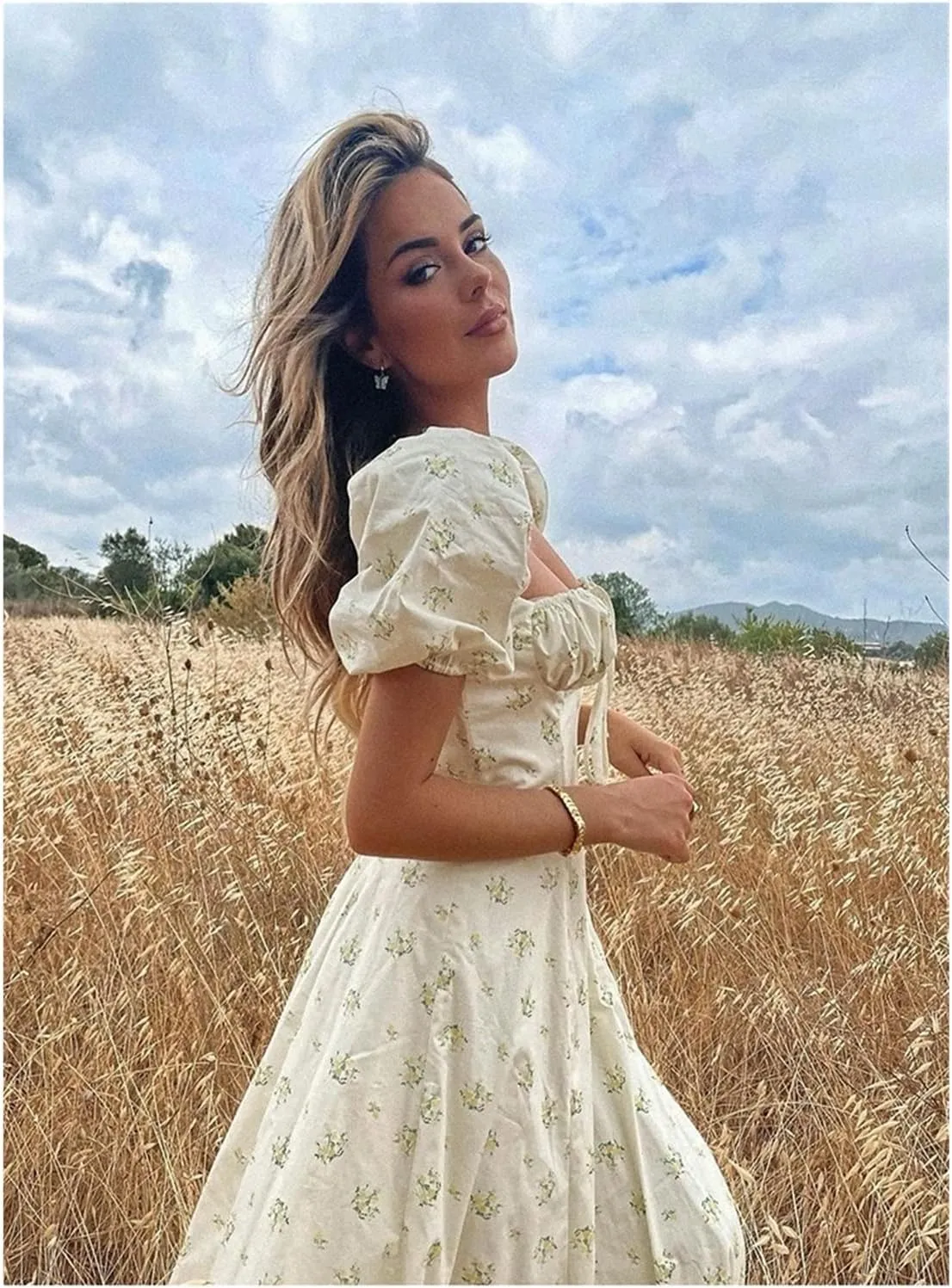 SummEer Dress for Women 2024 Square Neck Puff Sleeve Side Slit Drawstring Floral Print Dress