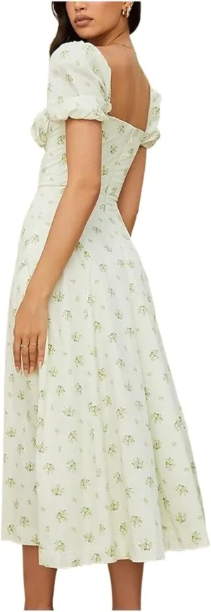 SummEer Dress for Women 2024 Square Neck Puff Sleeve Side Slit Drawstring Floral Print Dress