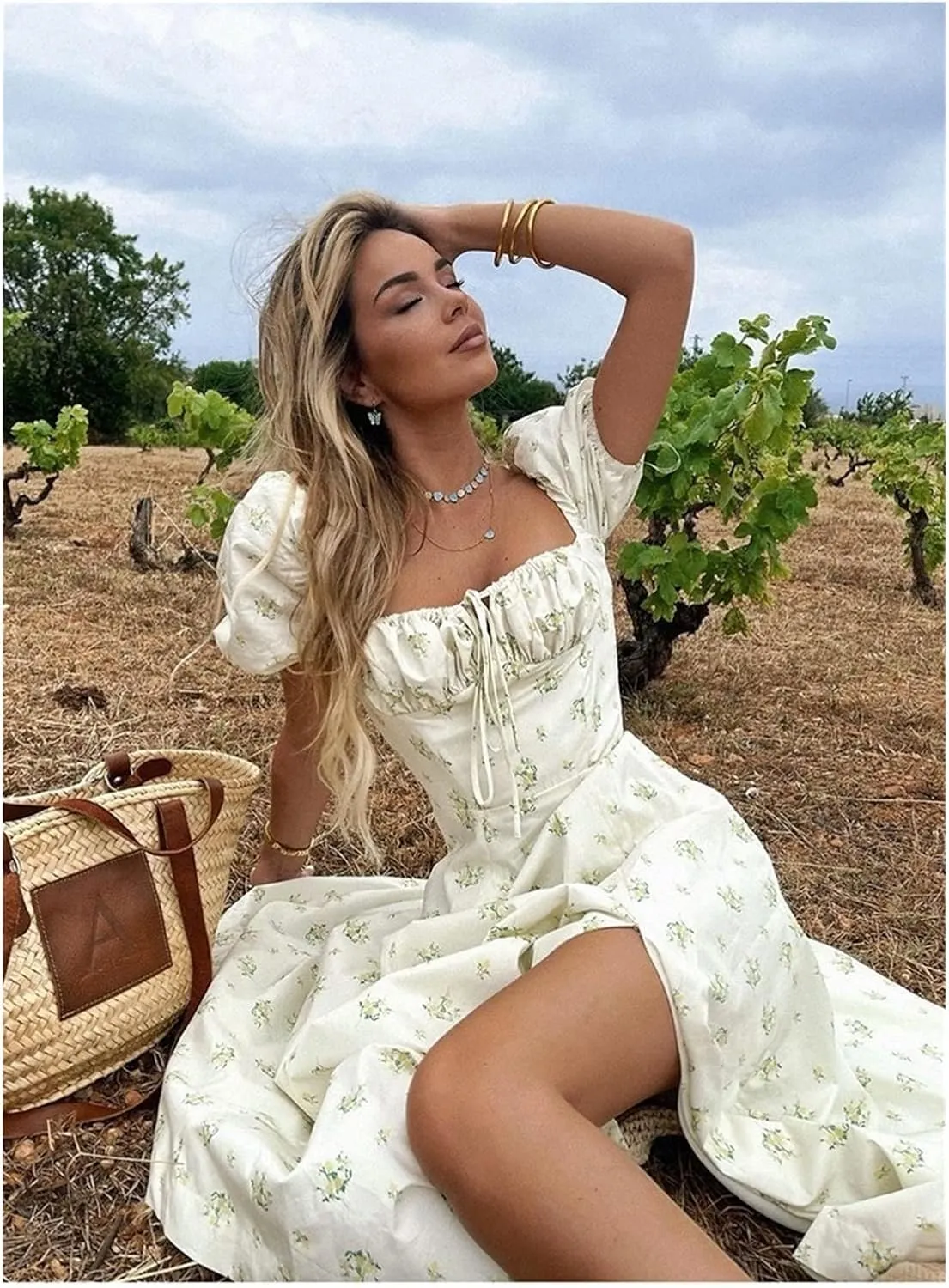 SummEer Dress for Women 2024 Square Neck Puff Sleeve Side Slit Drawstring Floral Print Dress