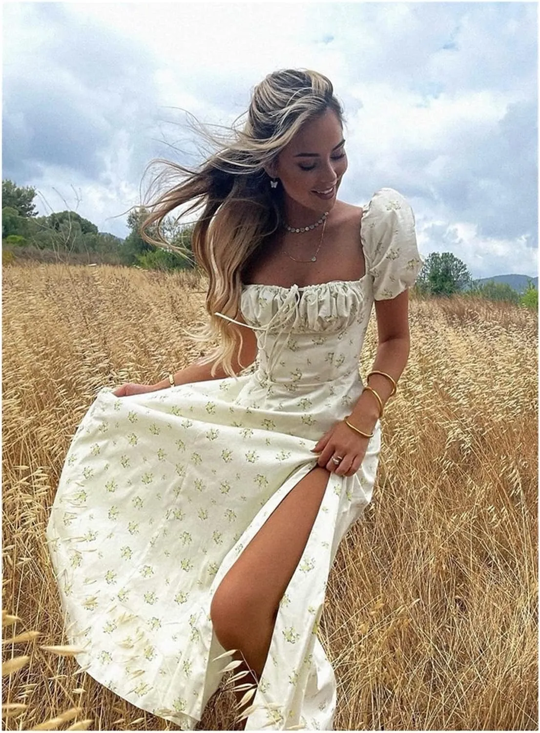 SummEer Dress for Women 2024 Square Neck Puff Sleeve Side Slit Drawstring Floral Print Dress