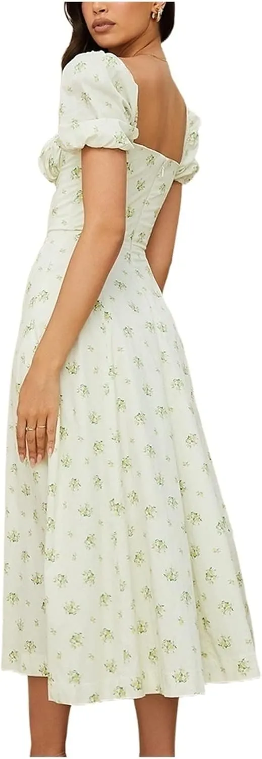 SummEer Dress for Women 2024 Square Neck Puff Sleeve Side Slit Drawstring Floral Print Dress