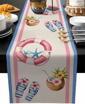 Summer Slippers Table Runner 90 Inches Long, Coconut Starfish Blue Pink Stripes Kitchen Dinner Coffee Tablerunners Cotton Linen Farmhouse Style Fabric for Dining Wedding Party Dresser Décor