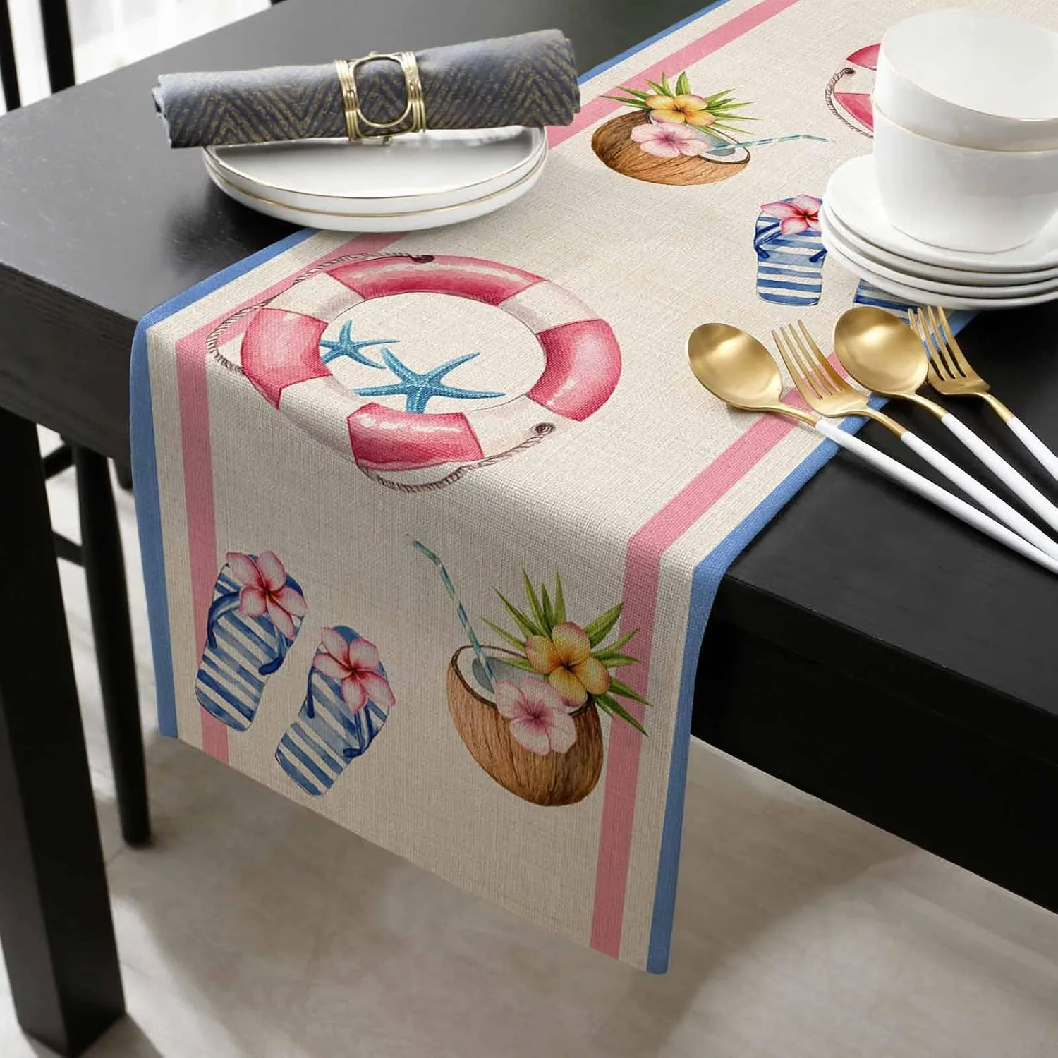 Summer Slippers Table Runner 90 Inches Long, Coconut Starfish Blue Pink Stripes Kitchen Dinner Coffee Tablerunners Cotton Linen Farmhouse Style Fabric for Dining Wedding Party Dresser Décor