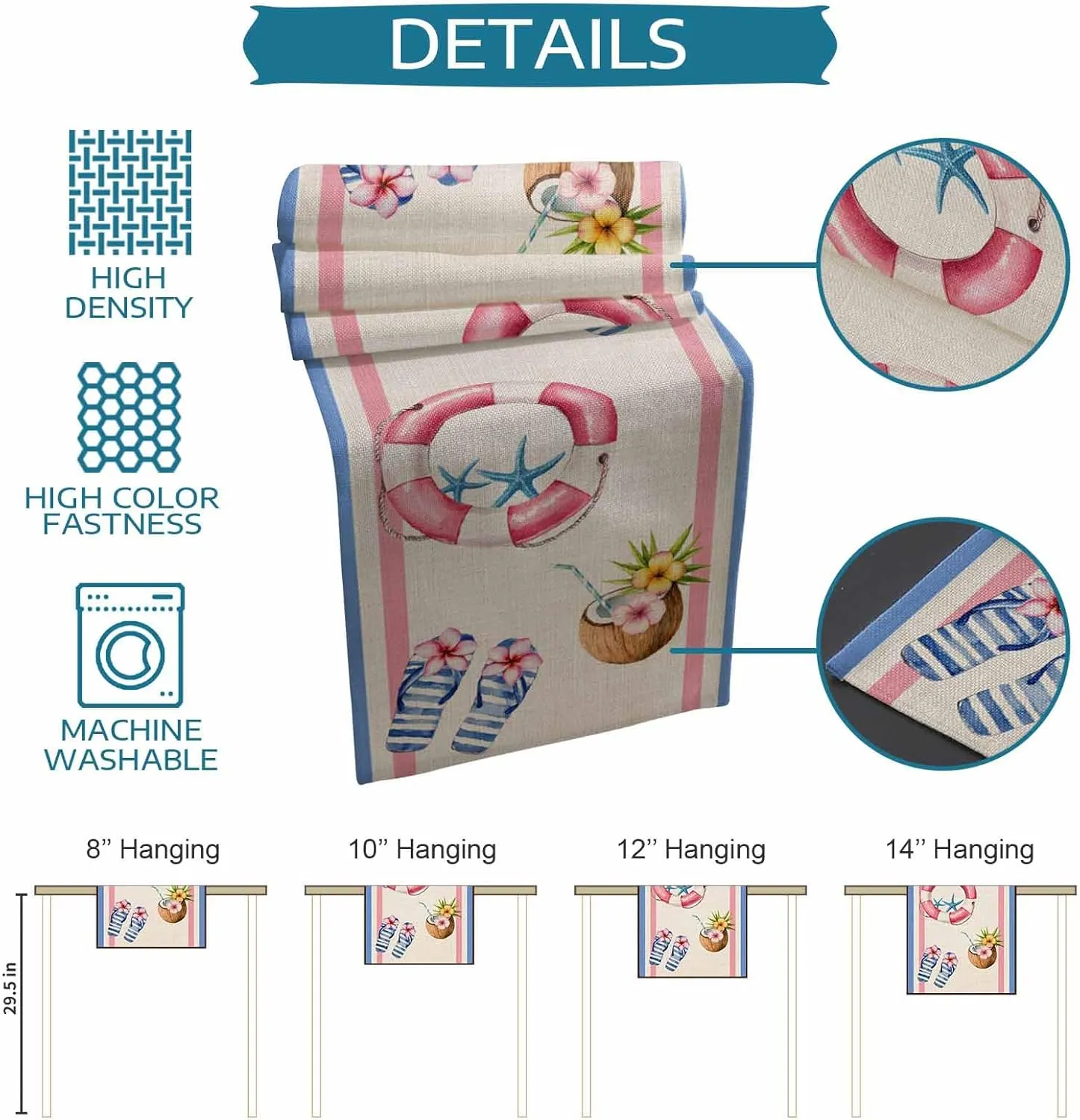 Summer Slippers Table Runner 90 Inches Long, Coconut Starfish Blue Pink Stripes Kitchen Dinner Coffee Tablerunners Cotton Linen Farmhouse Style Fabric for Dining Wedding Party Dresser Décor