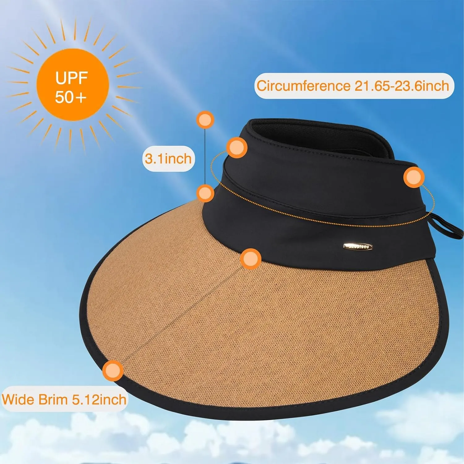 Sun Visor Hat for Women, Wide Brim Rollable Hats with Chin Stap UV Protection Beach Ponytail Cap Summer