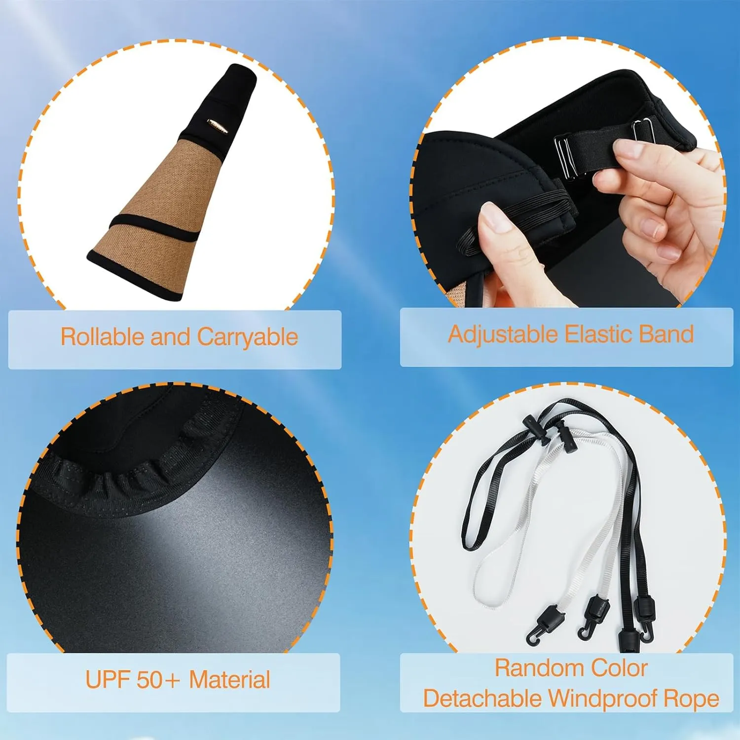 Sun Visor Hat for Women, Wide Brim Rollable Hats with Chin Stap UV Protection Beach Ponytail Cap Summer