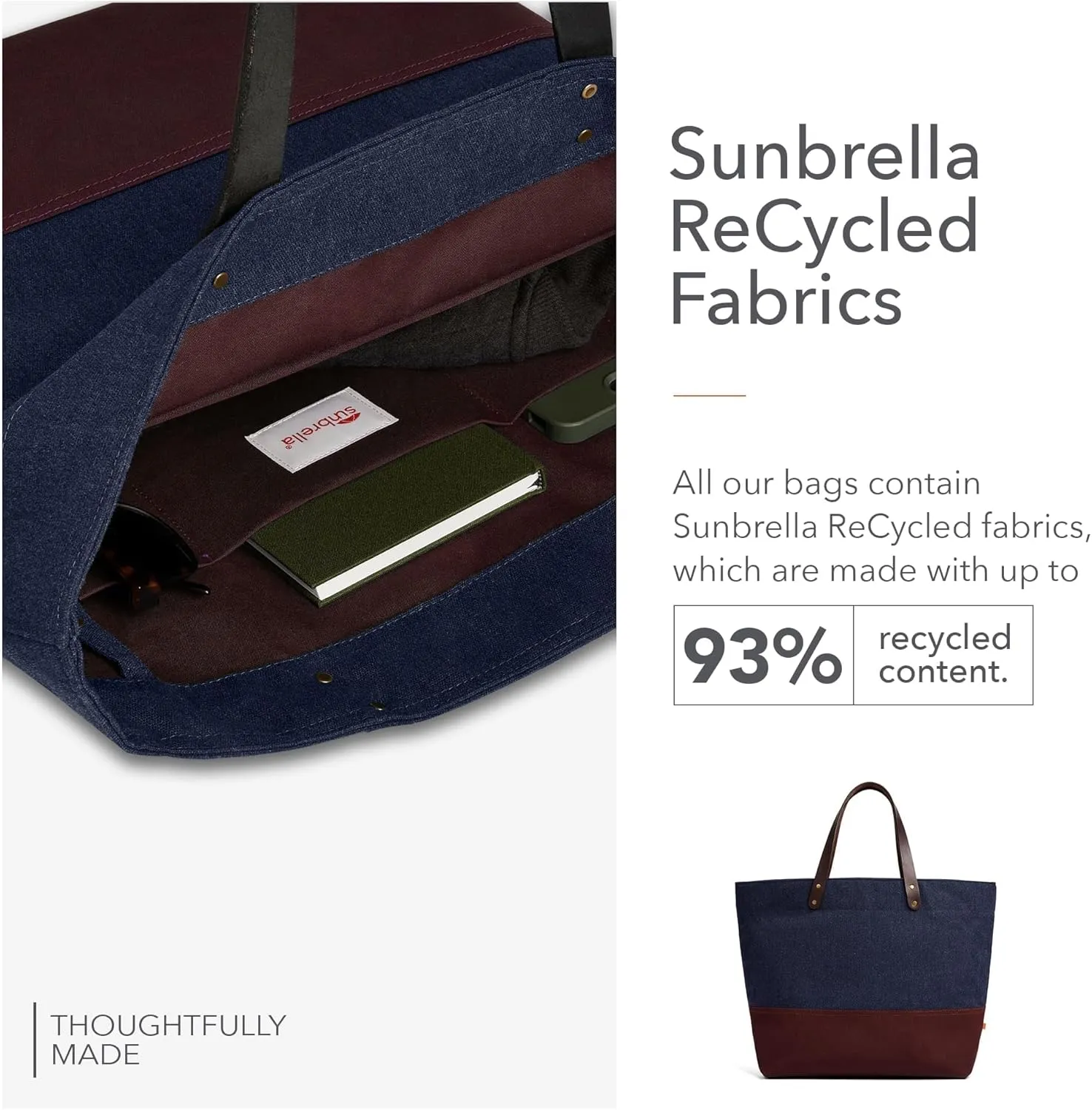 Sunbrella 1961 Tote Bag | Durable, Water & Stain Resistant | Fits 13" Laptop | Recycled Material | For Business & Travel | Indigo