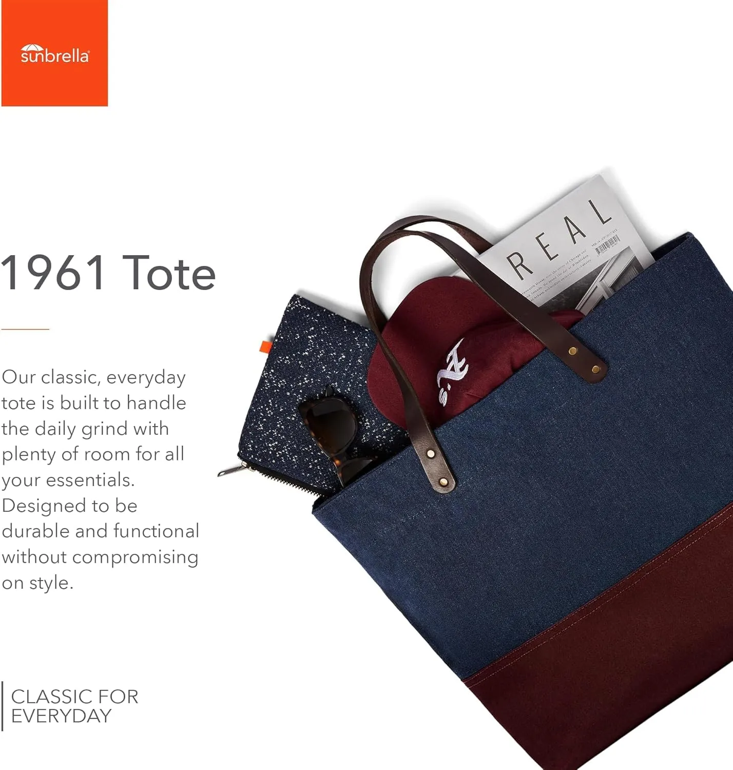 Sunbrella 1961 Tote Bag | Durable, Water & Stain Resistant | Fits 13" Laptop | Recycled Material | For Business & Travel | Indigo
