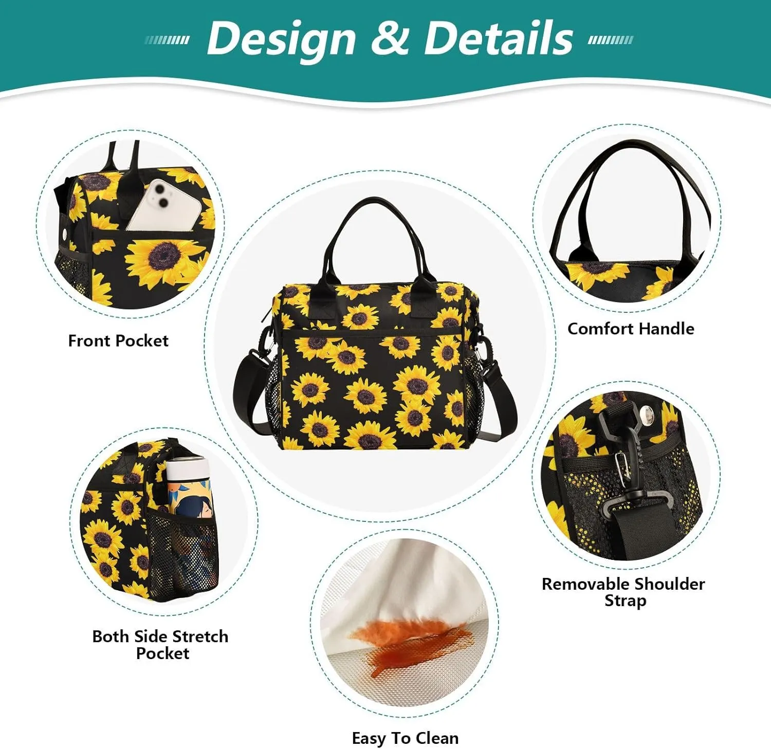 Sunflower Lunch Bag & Lunch Box for Women with Adjustable Shoulder Belt Insulated Portable Lunch Tote Bag Cooler Bag for Girls Travel Office Picnic