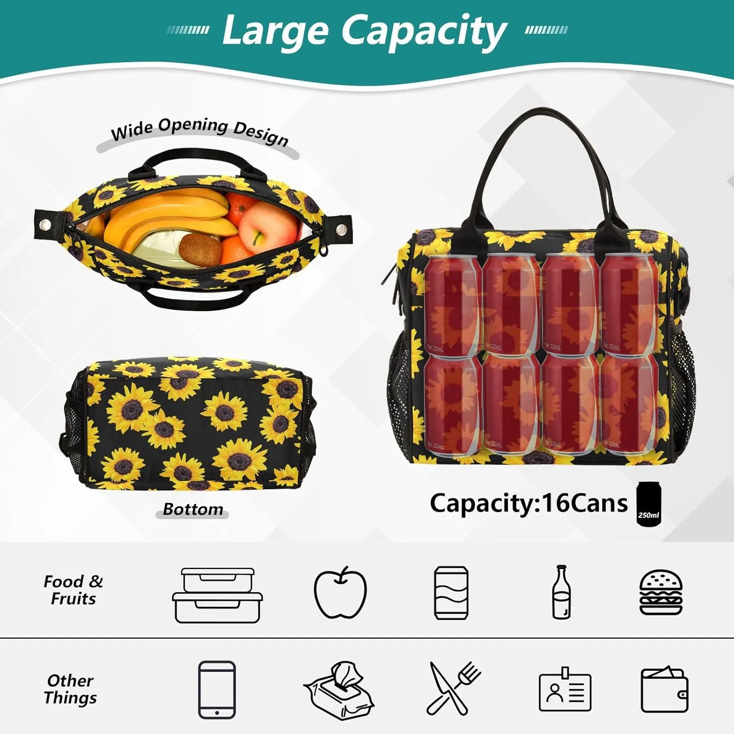 Sunflower Lunch Bag & Lunch Box for Women with Adjustable Shoulder Belt Insulated Portable Lunch Tote Bag Cooler Bag for Girls Travel Office Picnic