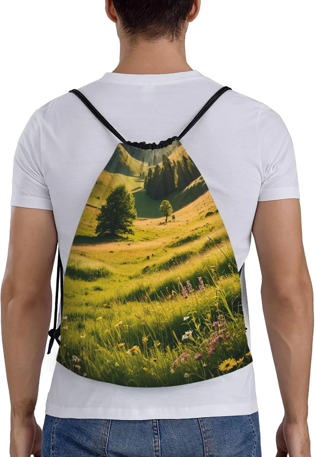 Sunlit Meadows Print Drawstring Backpack, Sport Storage Polyester Bag for Women Men Gym, Travel Swimming