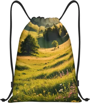 Sunlit Meadows Print Drawstring Backpack, Sport Storage Polyester Bag for Women Men Gym, Travel Swimming