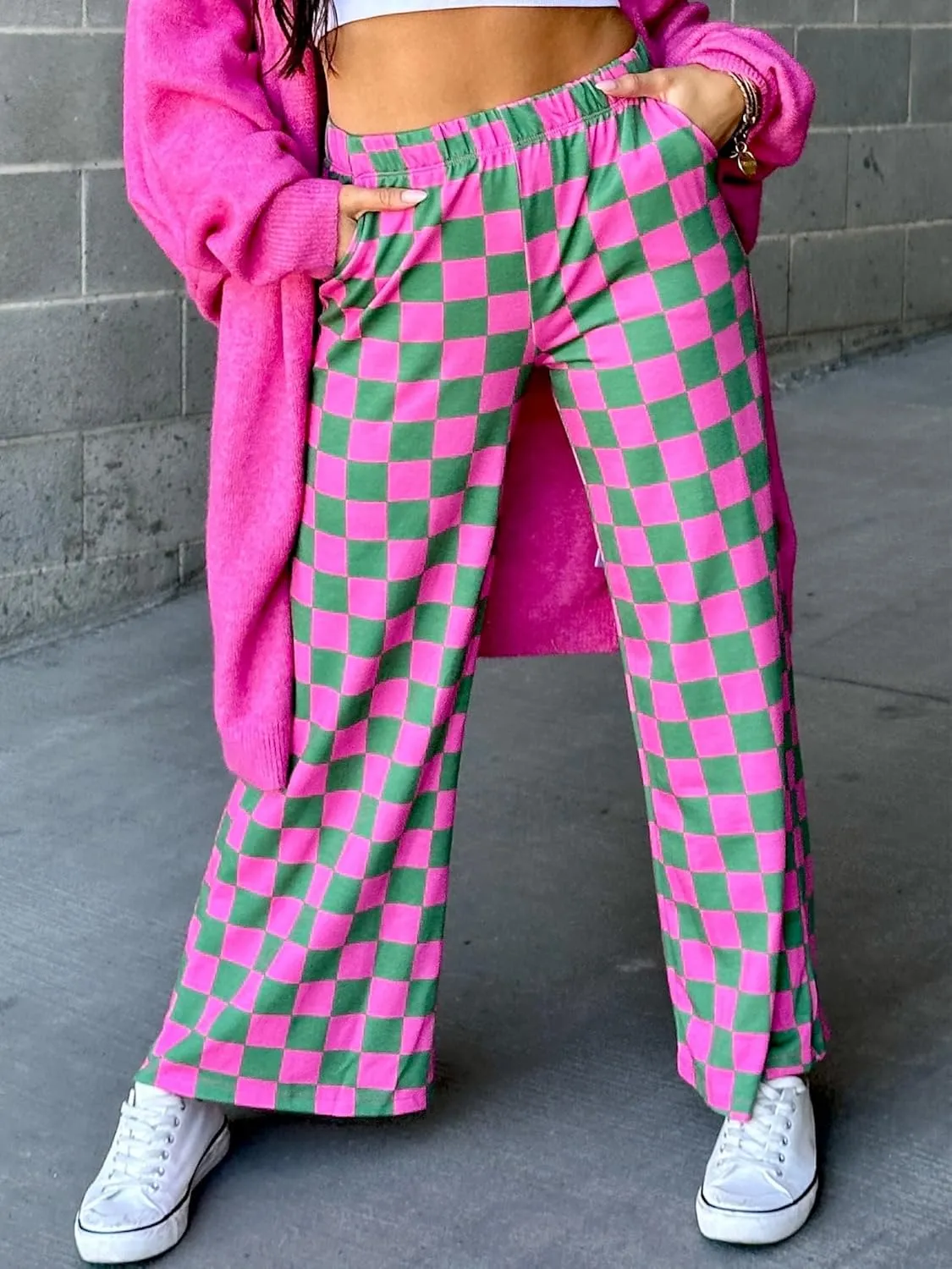 Sunloudy Womens Checkered Wide Leg Pants High Elastic Waisted Straight Loose Fitted LoungeTrouser Streetwear