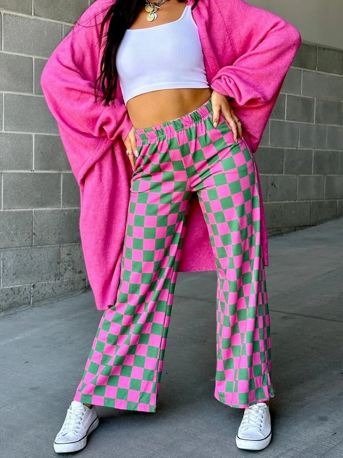 Sunloudy Womens Checkered Wide Leg Pants High Elastic Waisted Straight Loose Fitted LoungeTrouser Streetwear