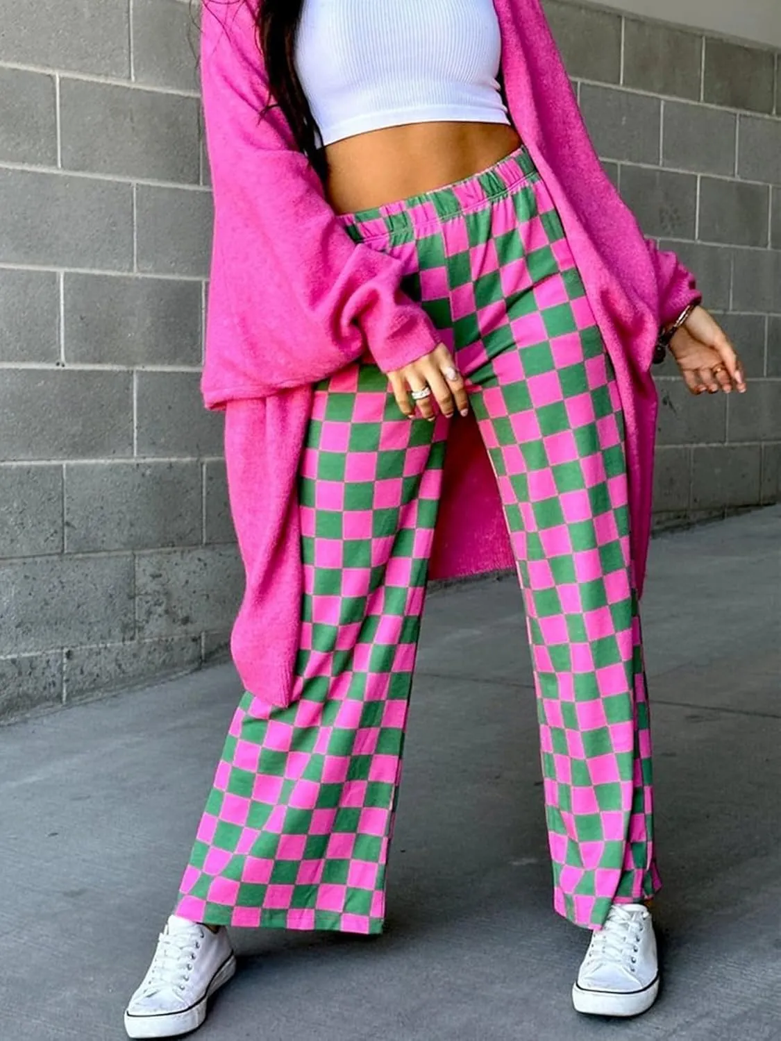 Sunloudy Womens Checkered Wide Leg Pants High Elastic Waisted Straight Loose Fitted LoungeTrouser Streetwear