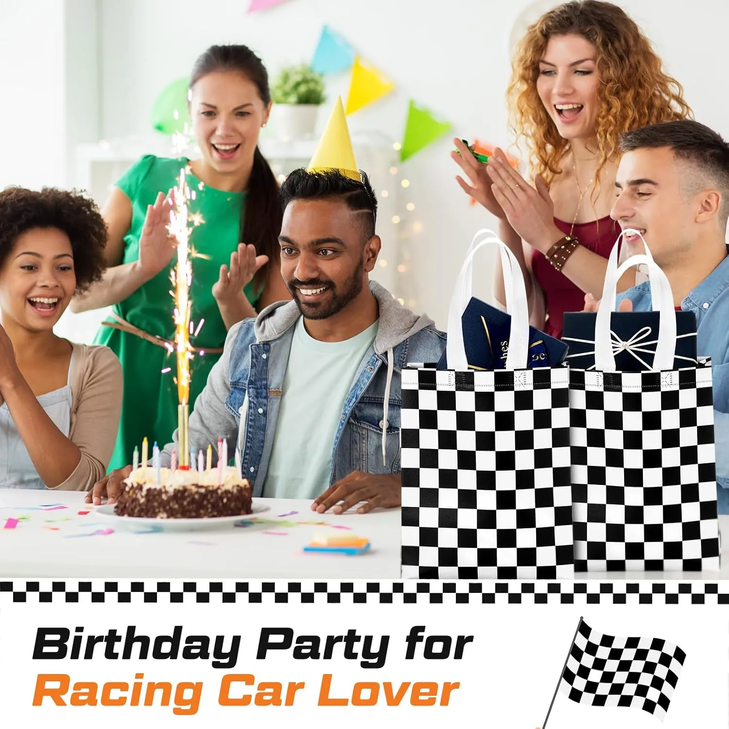 Supervitae 24 Pack Checkered Racing Gift Bags Race Car Party Favors Bag Black and White Reusable Totes Non Woven Candy Totes for Race Car Themed Birthday Party Supplies(9.8" x 7.9" x 3.9")