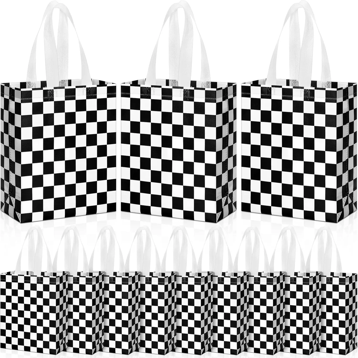 Supervitae 24 Pack Checkered Racing Gift Bags Race Car Party Favors Bag Black and White Reusable Totes Non Woven Candy Totes for Race Car Themed Birthday Party Supplies(9.8" x 7.9" x 3.9")