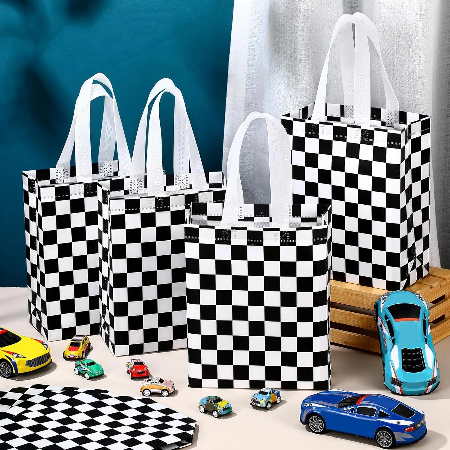 Supervitae 24 Pack Checkered Racing Gift Bags Race Car Party Favors Bag Black and White Reusable Totes Non Woven Candy Totes for Race Car Themed Birthday Party Supplies(9.8" x 7.9" x 3.9")