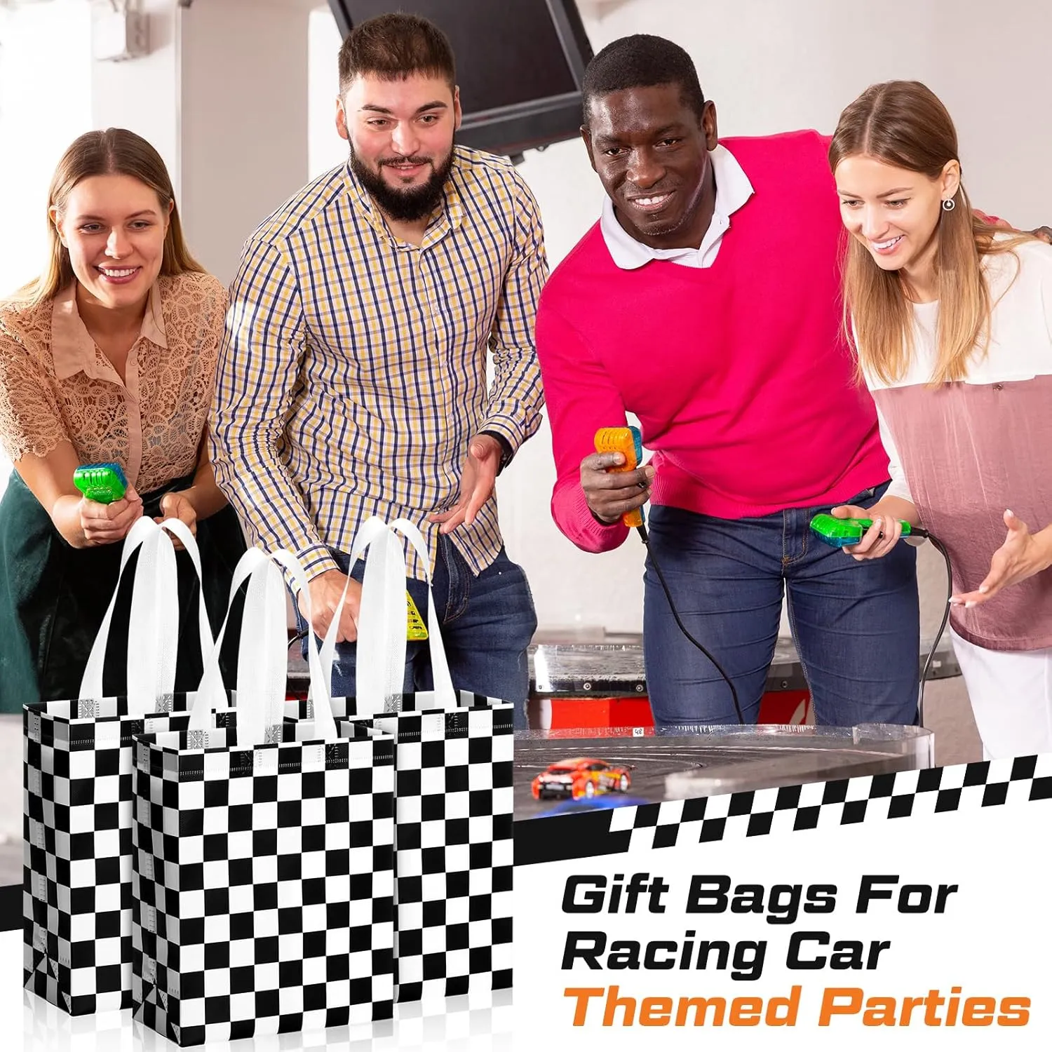 Supervitae 24 Pack Checkered Racing Gift Bags Race Car Party Favors Bag Black and White Reusable Totes Non Woven Candy Totes for Race Car Themed Birthday Party Supplies(9.8" x 7.9" x 3.9")