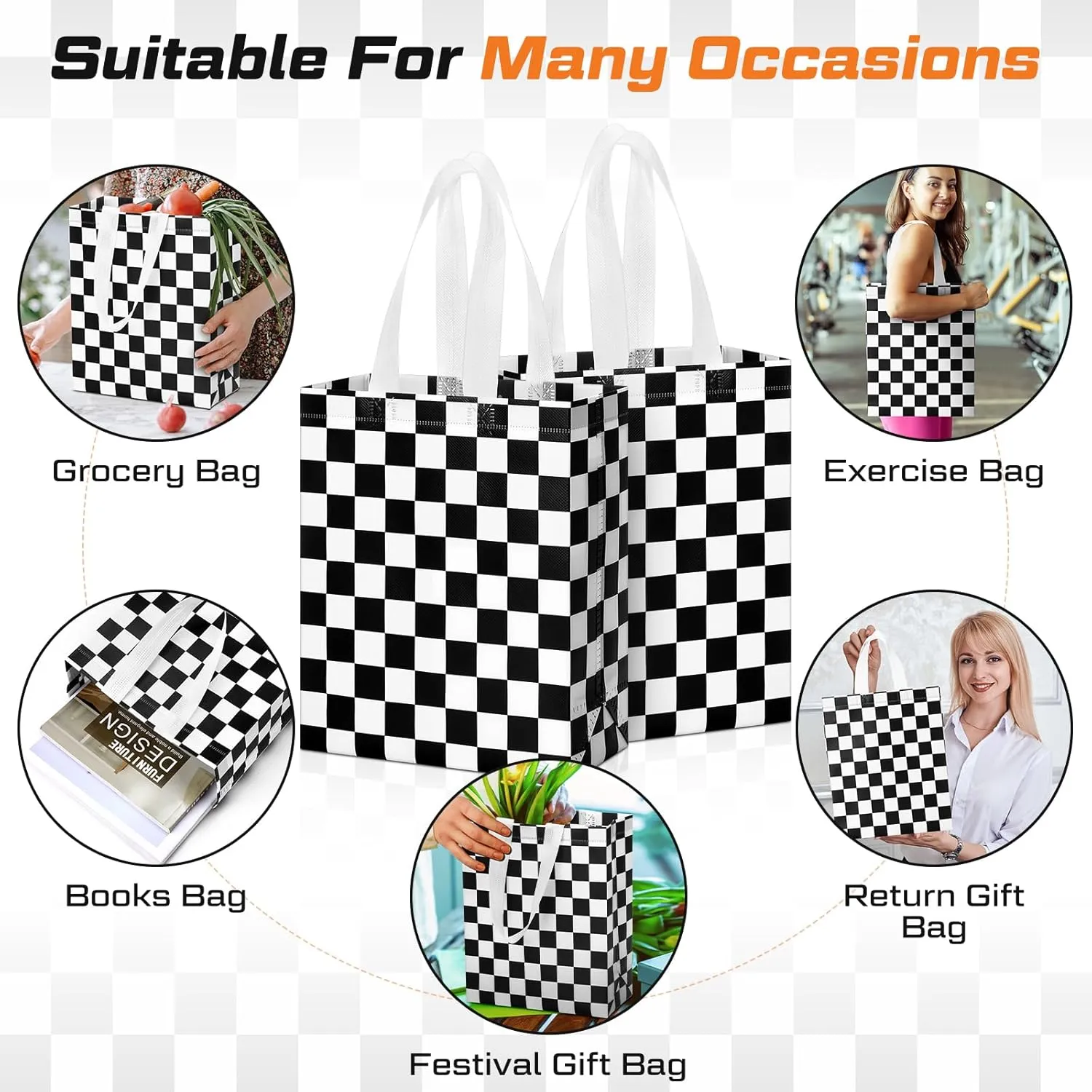 Supervitae 24 Pack Checkered Racing Gift Bags Race Car Party Favors Bag Black and White Reusable Totes Non Woven Candy Totes for Race Car Themed Birthday Party Supplies(9.8" x 7.9" x 3.9")