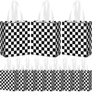 Supervitae 24 Pack Checkered Racing Gift Bags Race Car Party Favors Bag Black and White Reusable Totes Non Woven Candy Totes for Race Car Themed Birthday Party Supplies(9.8" x 7.9" x 3.9")