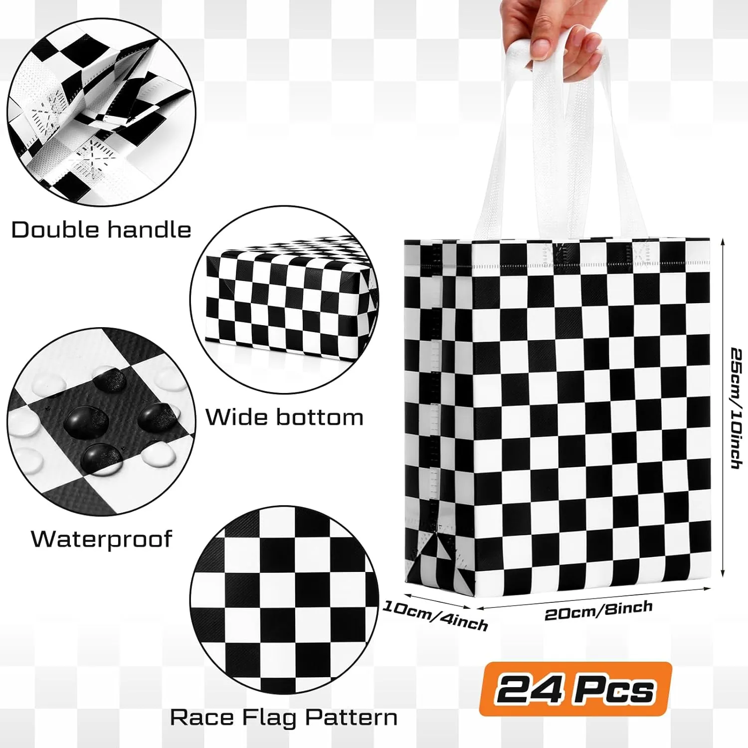 Supervitae 24 Pack Checkered Racing Gift Bags Race Car Party Favors Bag Black and White Reusable Totes Non Woven Candy Totes for Race Car Themed Birthday Party Supplies(9.8" x 7.9" x 3.9")