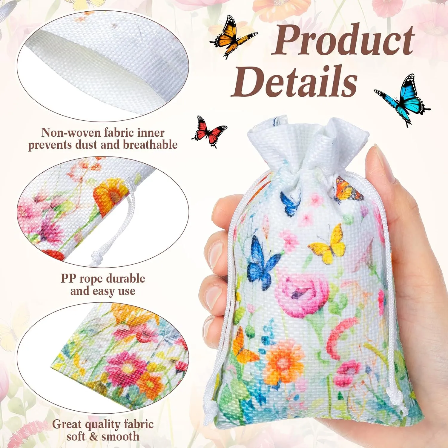 Supervitae 30 Pcs Wildflower Burlap Gift Bags with Drawstring 4 x 6 Inch Spring Summer Floral Party Favor Wrapping Small Jewelry Bags for Women Mother's Day Bridal Party Baby Shower
