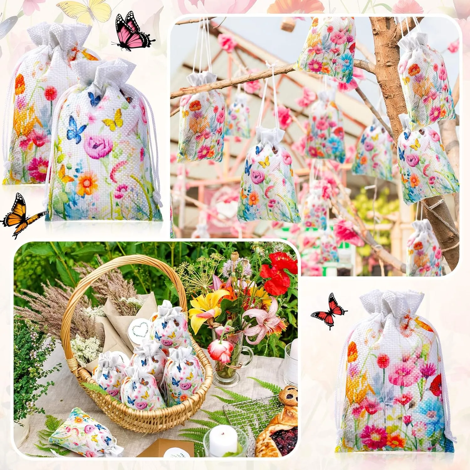 Supervitae 30 Pcs Wildflower Burlap Gift Bags with Drawstring 4 x 6 Inch Spring Summer Floral Party Favor Wrapping Small Jewelry Bags for Women Mother's Day Bridal Party Baby Shower