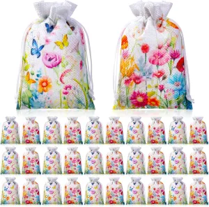 Supervitae 30 Pcs Wildflower Burlap Gift Bags with Drawstring 4 x 6 Inch Spring Summer Floral Party Favor Wrapping Small Jewelry Bags for Women Mother's Day Bridal Party Baby Shower