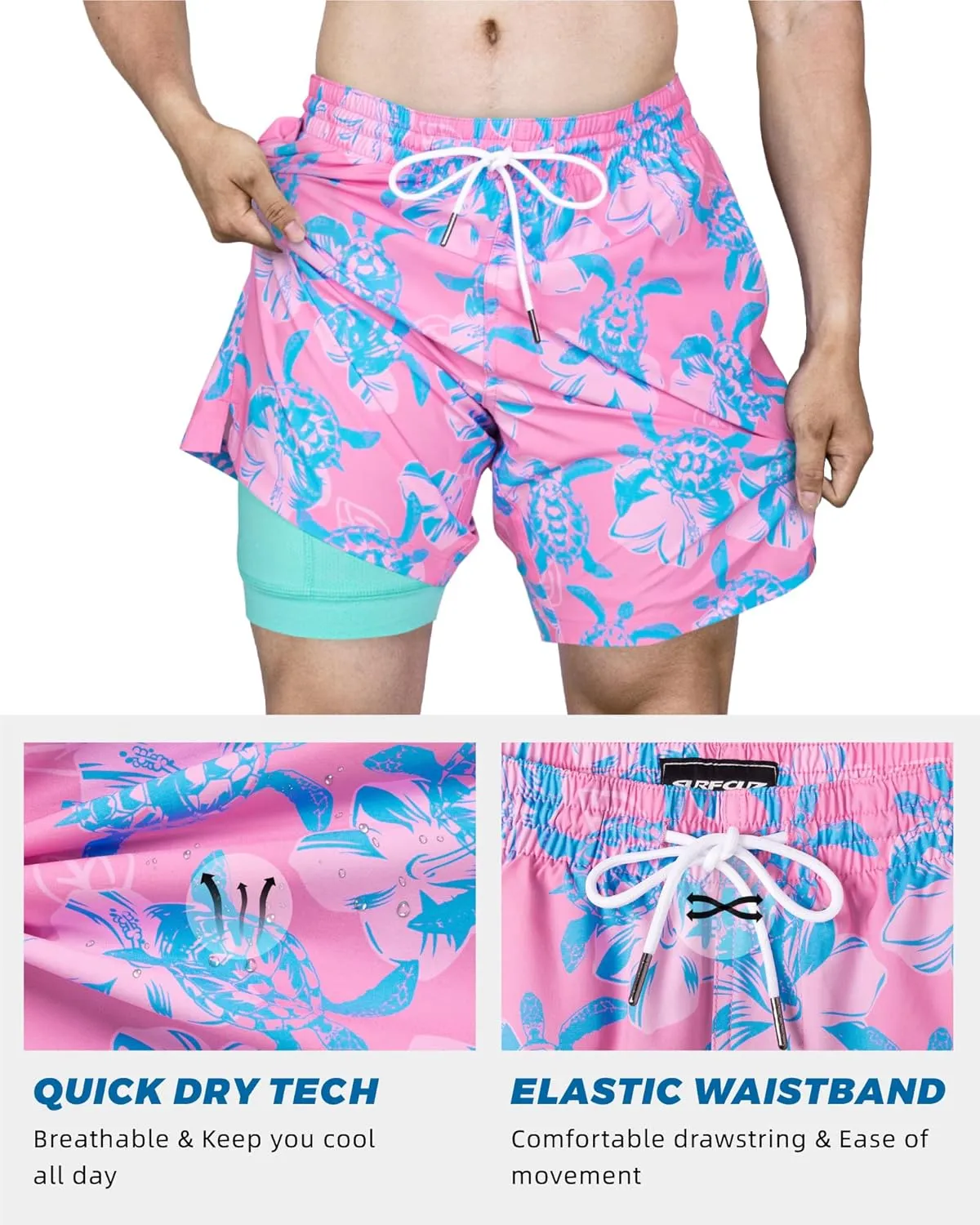 SURF CUZ Mens Swim Trunks with Compression Liner Swim Shorts 7" Swimming Trunks Stretch 7 Inch Swim Suits Quick Dry