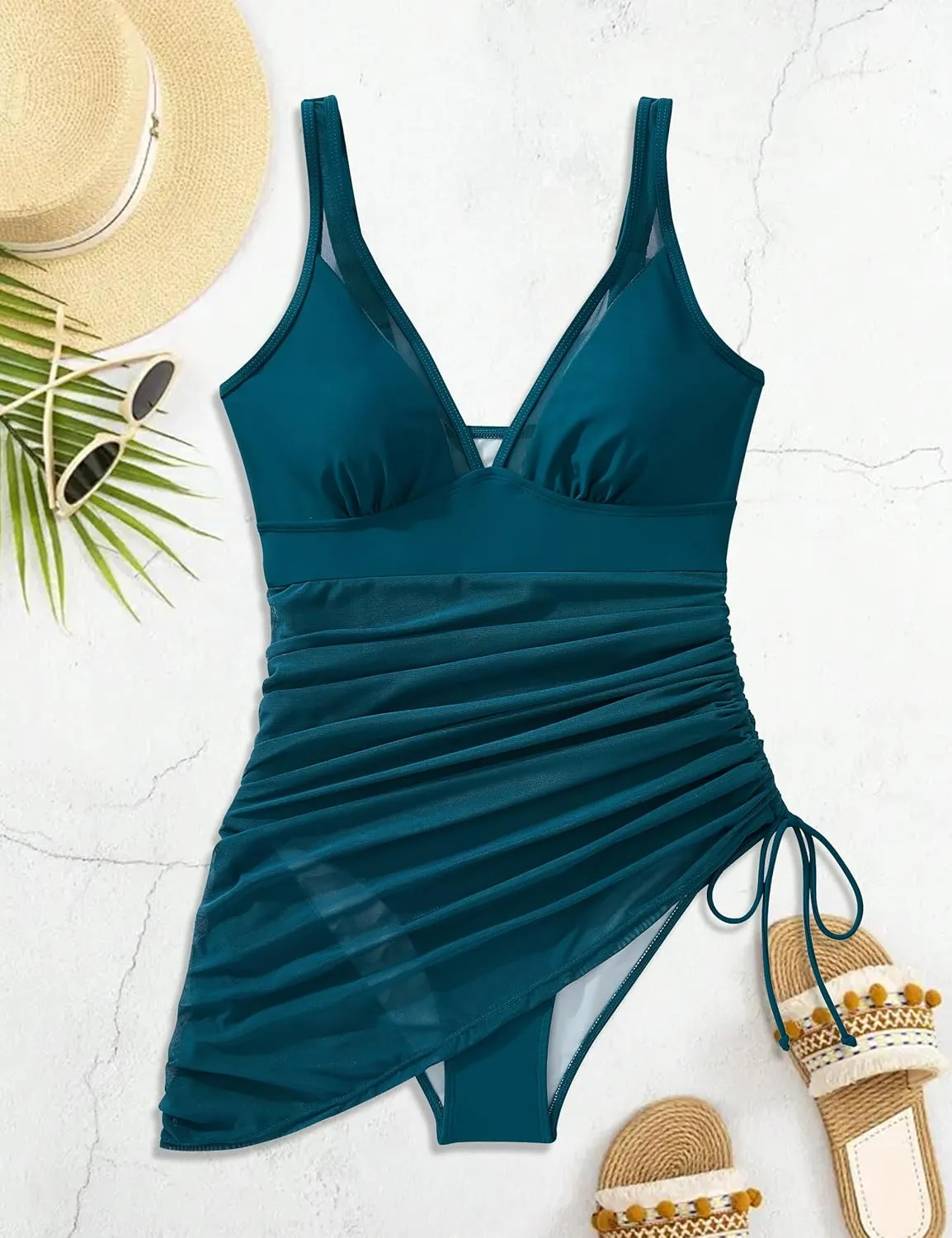 SUUKSESS Women Mesh One Piece Swim Dress Swimsuit Tummy Control Bathing Suit