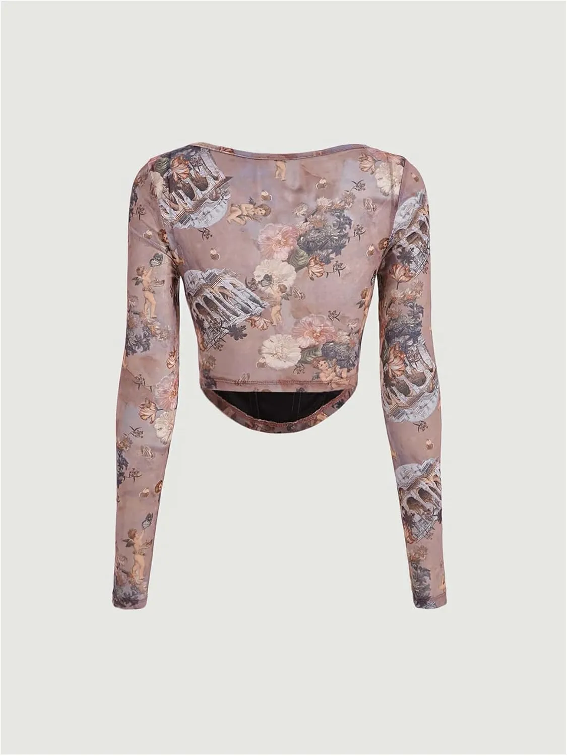 SweatyRocks Women's Corset Crop Top Mesh Long Sleeve Floral Square Neck Bustier Tops