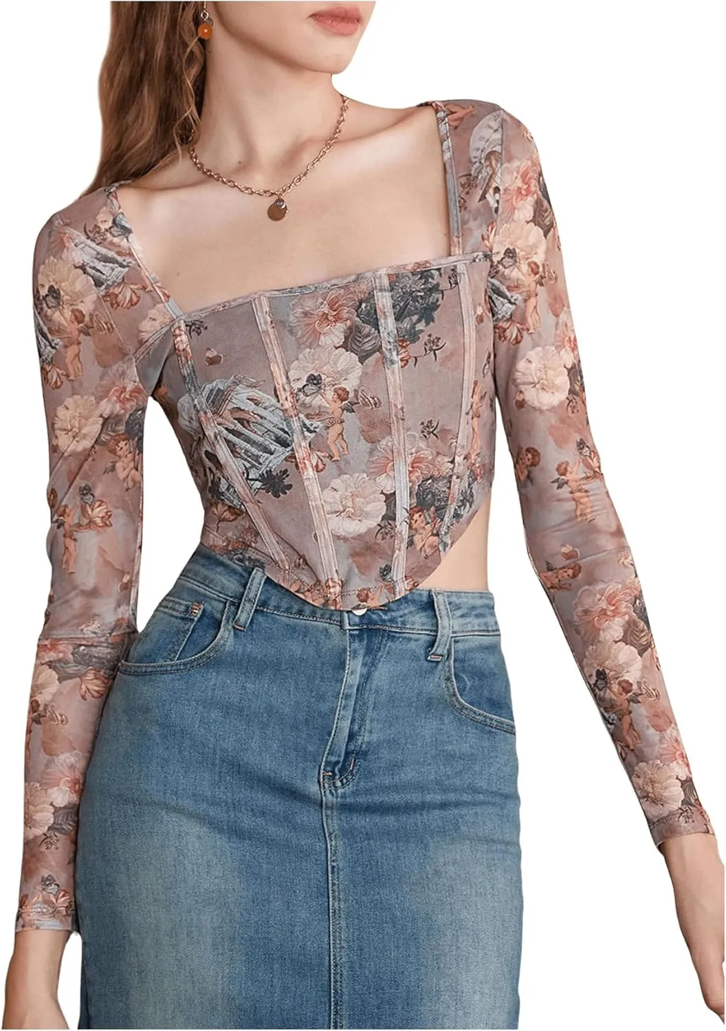 SweatyRocks Women's Corset Crop Top Mesh Long Sleeve Floral Square Neck Bustier Tops