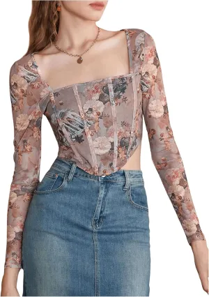 SweatyRocks Women's Corset Crop Top Mesh Long Sleeve Floral Square Neck Bustier Tops