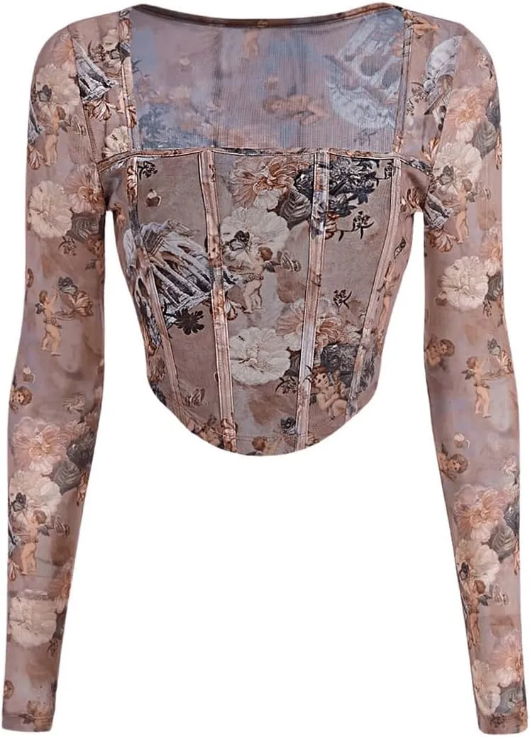 SweatyRocks Women's Corset Crop Top Mesh Long Sleeve Floral Square Neck Bustier Tops