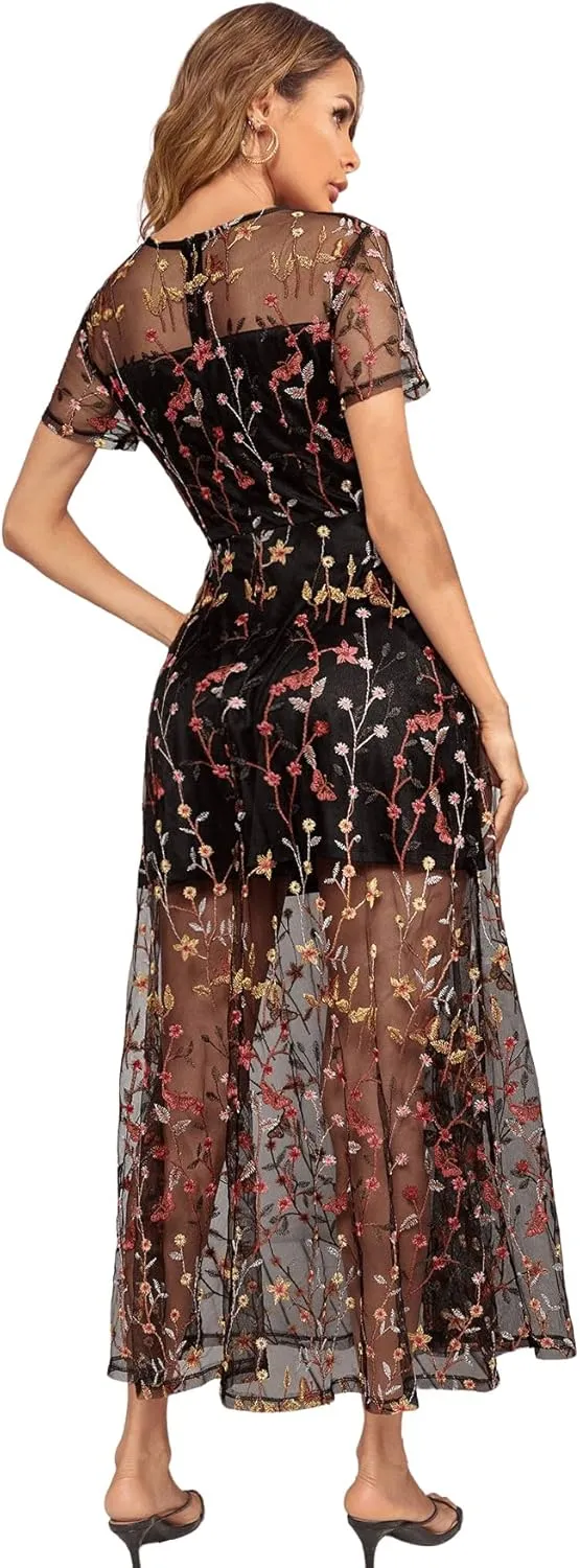 SweatyRocks Women's Sheer Mesh Short Sleeve Round Neck Dress Floral A Line Long Dresses