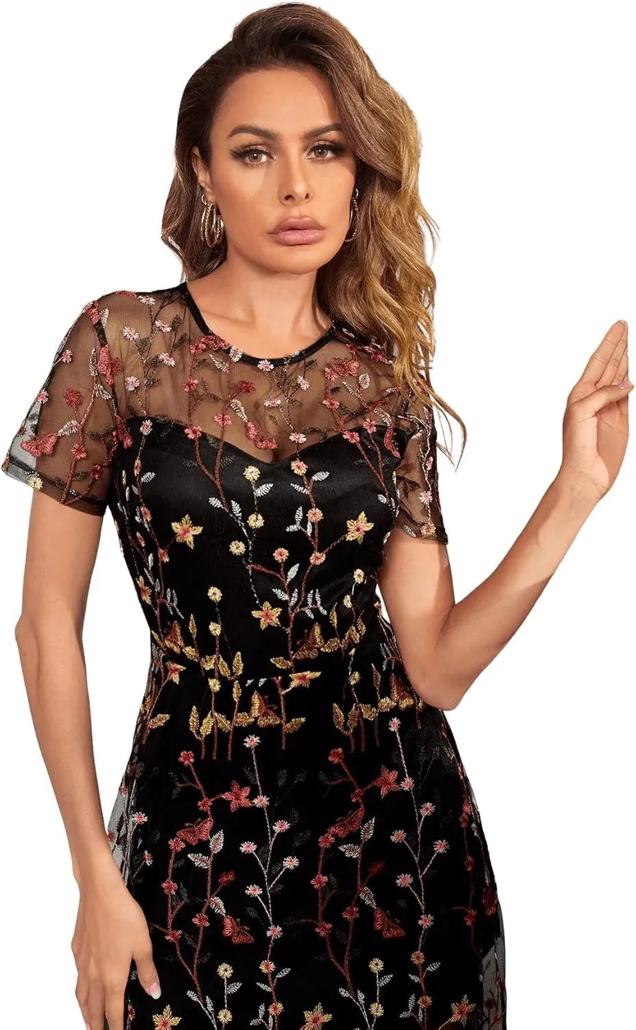 SweatyRocks Women's Sheer Mesh Short Sleeve Round Neck Dress Floral A Line Long Dresses