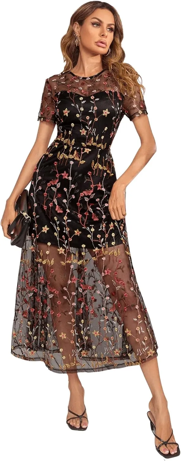 SweatyRocks Women's Sheer Mesh Short Sleeve Round Neck Dress Floral A Line Long Dresses